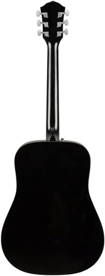 Parte traseira do violão Fender FA-125 Dreadnought, corpo e braço em acabamento preto brilhante.