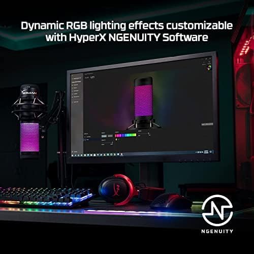 Microfone HyperX QuadCast S iluminado em roxo com software de personalização RGB aberto no monitor