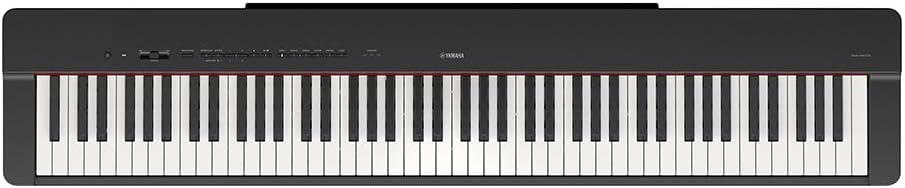 Piano digital Yamaha P-225B preto com 88 teclas sensíveis, painel de controle e acabamento fosco