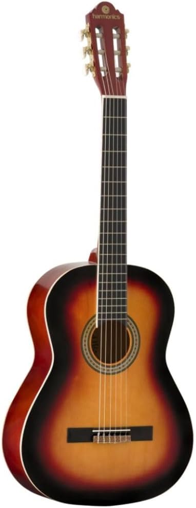Violão clássico acústico Harmonics GNA-111 com acabamento sunburst, corpo em degradê de tons alaranjados para preto nas bordas, tampo em madeira clara, braço e cabeçote em madeira escura, cordas de ná