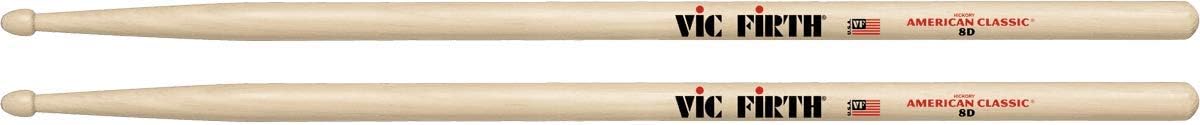 Duas baquetas de bateria Vic Firth American Classic 8D feitas de nogueira americana com acabamento natural e ponta oval