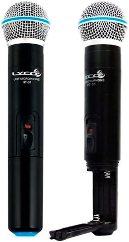 Microfones Lyco UH-02MM com tampa de bateria aberta mostrando compartimento para pilhas AA