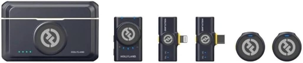 Componentes do sistema Hollyland Lark M2 Combo com case de carregamento e microfones lapela