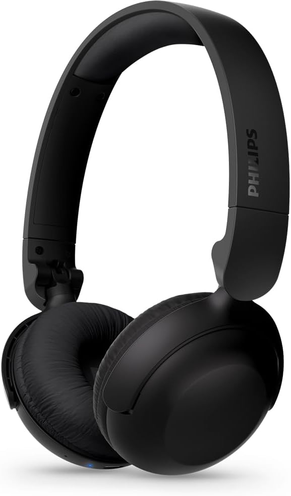 Fone de ouvido Philips TAH2209 Bluetooth Over-ear em cor preta, apresentado em ângulo lateral com almofadas acolchoadas e design dobrável.