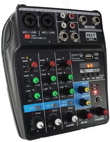 Mesa de som MXT vista frontal com controles e conexões