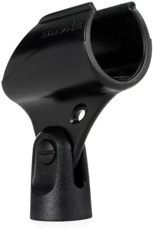 Close do suporte para microfone sem fio Shure WA371 mostrando design ergonômico e parafuso de fixação