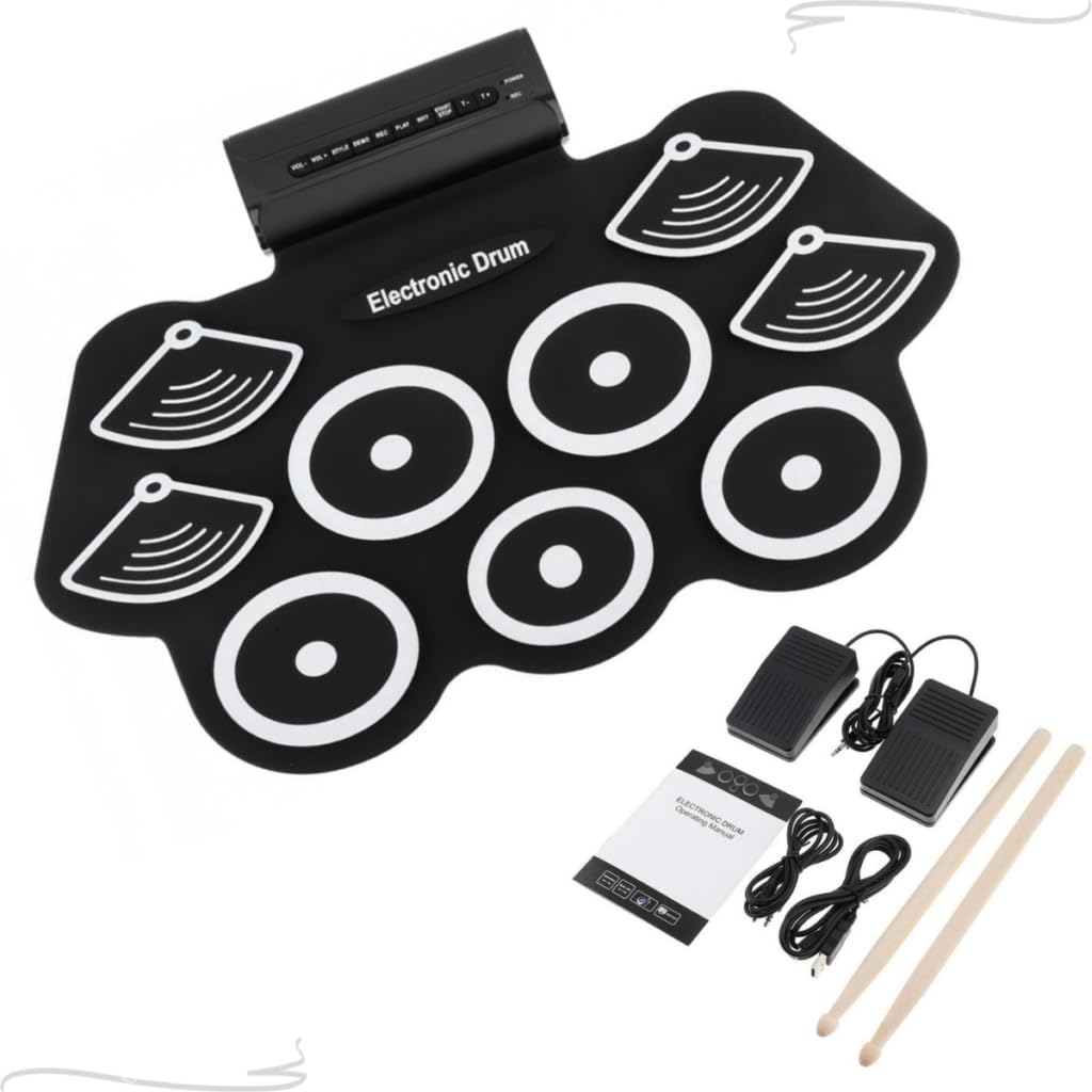 Bateria eletrônica portátil preta com 9 pads de silicone, vista superior com controles e acessórios