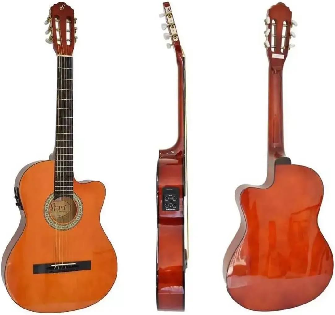 Imagem mostrando três ângulos do violão elétrico Giannini SF14 CEQ N: frente, lateral e traseira