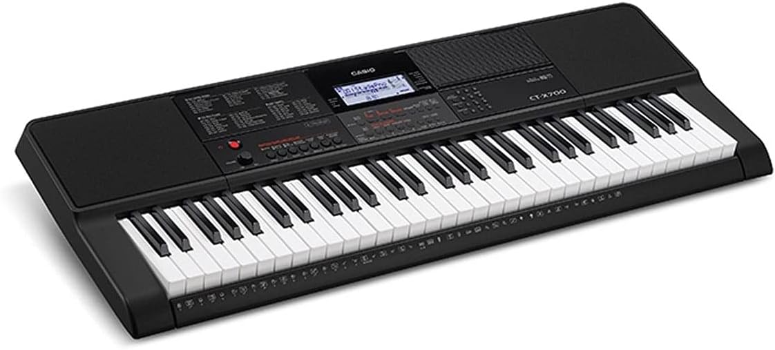 Teclado musical Casio CT-X700 em cor preta, com 61 teclas sensíveis ao toque e painel de controle moderno