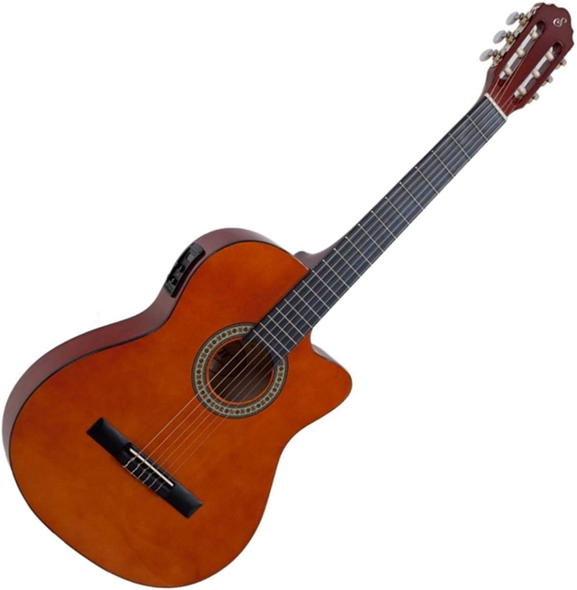 Violão eletroacústico Giannini NF-14 com corpo de madeira natural em tom caramelo, acabamento fosco, braço escuro com escala em preto, 19 trastes, boca redonda com roseta decorativa, corte cutaway, e 