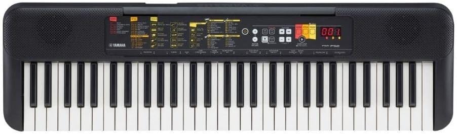 Teclado arranjador Yamaha PSR-F52 visto de frente com painel digital e alto-falantes