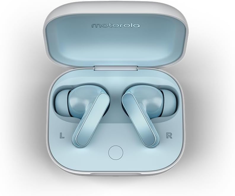 Caixa de carregamento aberta dos fones Motorola Moto Buds em azul claro