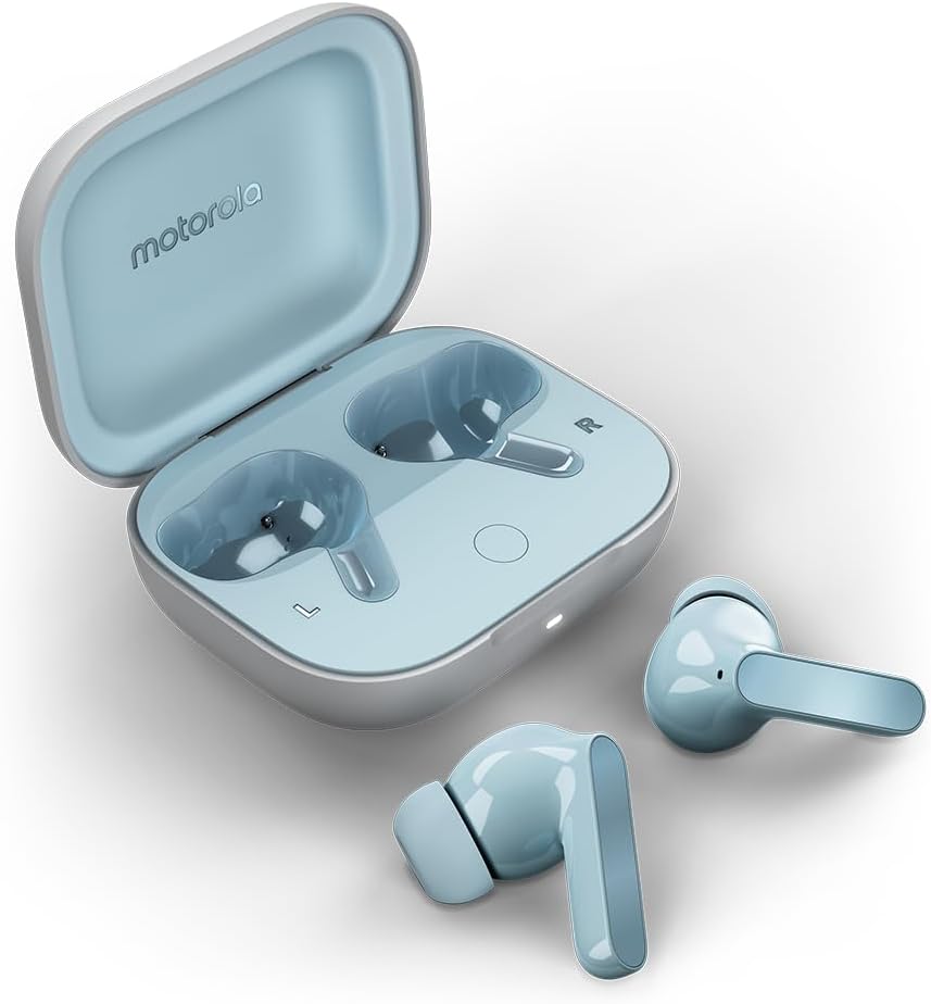 Fones de ouvido intra-auriculares Motorola Moto Buds na cor azul claro com estojo de carregamento aberto