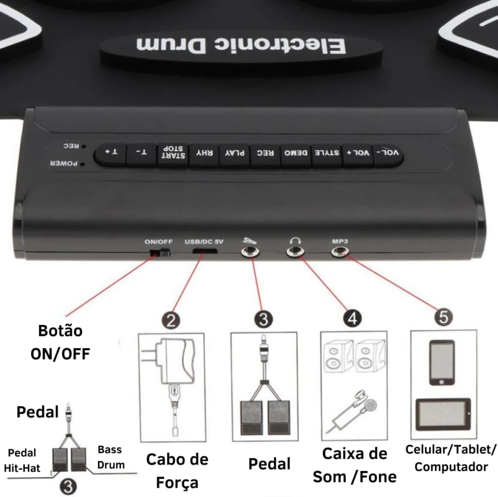 Close na unidade de controle da bateria eletrônica portátil preta com 9 pads e botões de volume, ritmo e gravação