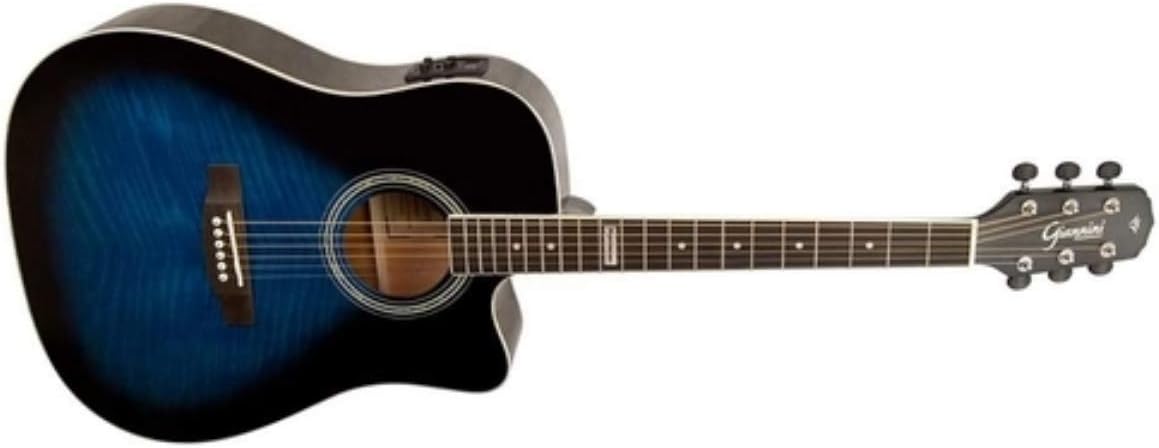 Violão eletroacústico Giannini Dreadnought FOLK Cutaway com acabamento Dark Blue Burst. Imagem mostra o violão na horizontal, evidenciando o corpo azul flamejado com laterais pretas, braço e escala em