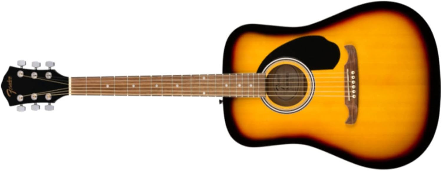 Violão Fender FA-125 Dreadnought laminado em acabamento Sunburst visto de cima.