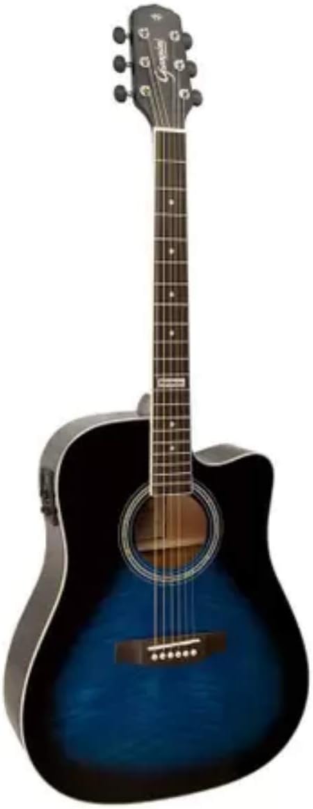 Violão eletroacústico Giannini modelo Dreadnought FOLK com cutaway, acabamento em Dark Blue Burst, corpo em formato dreadnought com corte para acesso facilitado às casas superiores. Fundo e laterais  