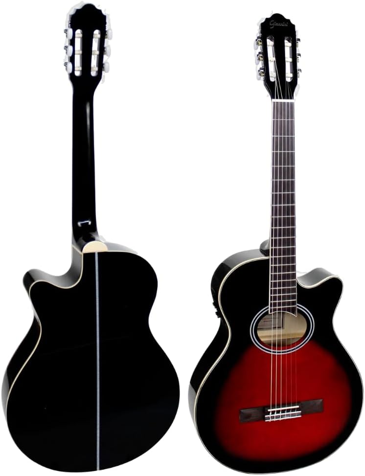 Violão elétrico nylon Mini-Jumbo Cutaway da Giannini, modelo GNF-1D CEQ BK PT, com acabamento em degrade vermelho para preto
