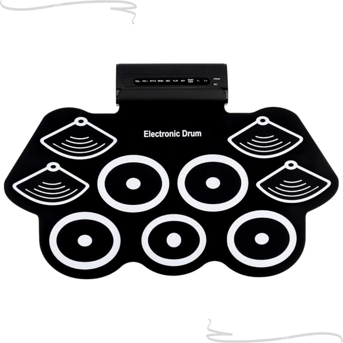 Bateria eletrônica portátil preta com 9 pads e painel de controle
