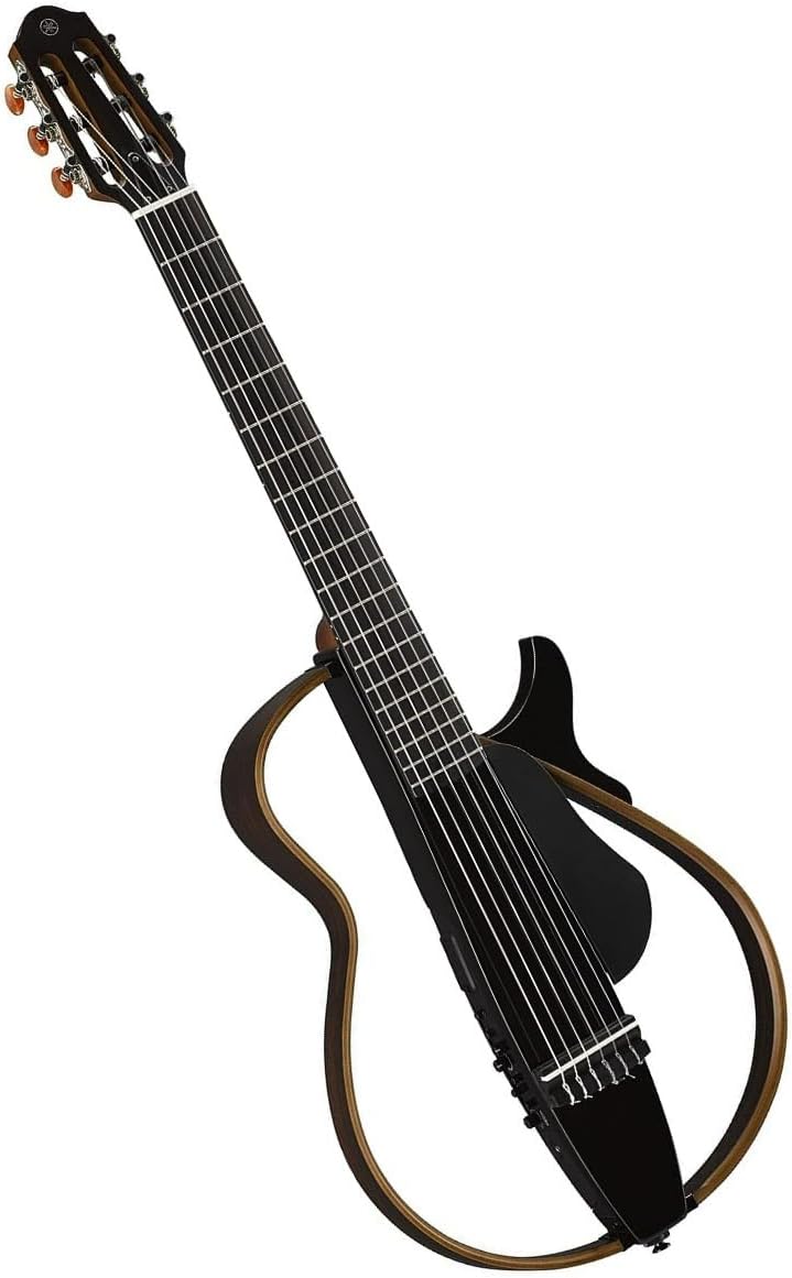 Violão Yamaha SLG-200N TBL preto translúcido com design silencioso e corpo esqueleto, visto em ângulo inclinado.