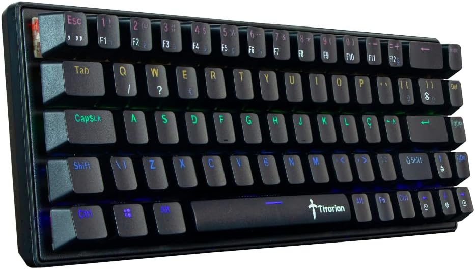Teclado mecânico gamer compacto preto com teclas iluminadas RGB e layout ABNT2