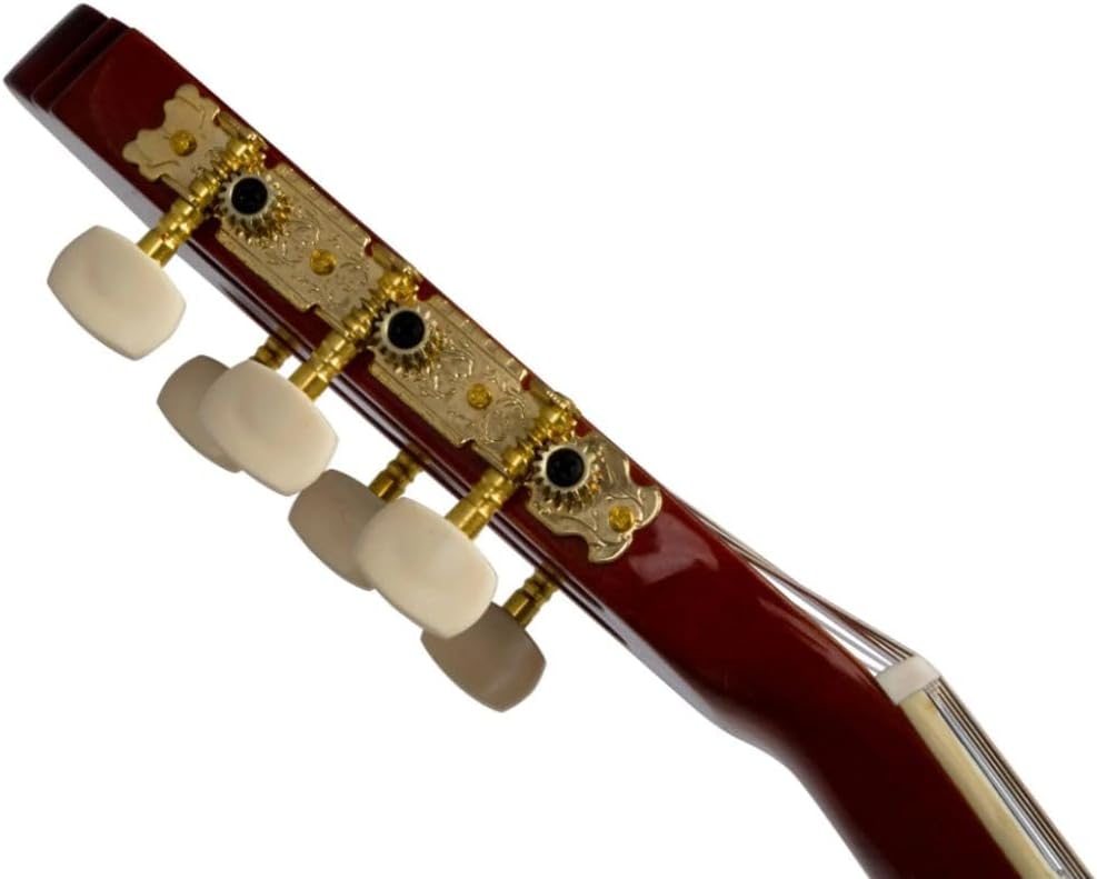 Imagem detalhada do cabeçote do violão Harmonics GNA-111, com tarraxas douradas e botões de ajuste brancos, acabamento em madeira escura avermelhada, sistema de afinação clássico com 3 tarraxas de cad