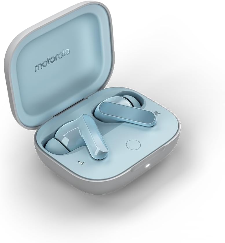 Fones Motorola Moto Buds azul claro dentro do estojo de carregamento aberto