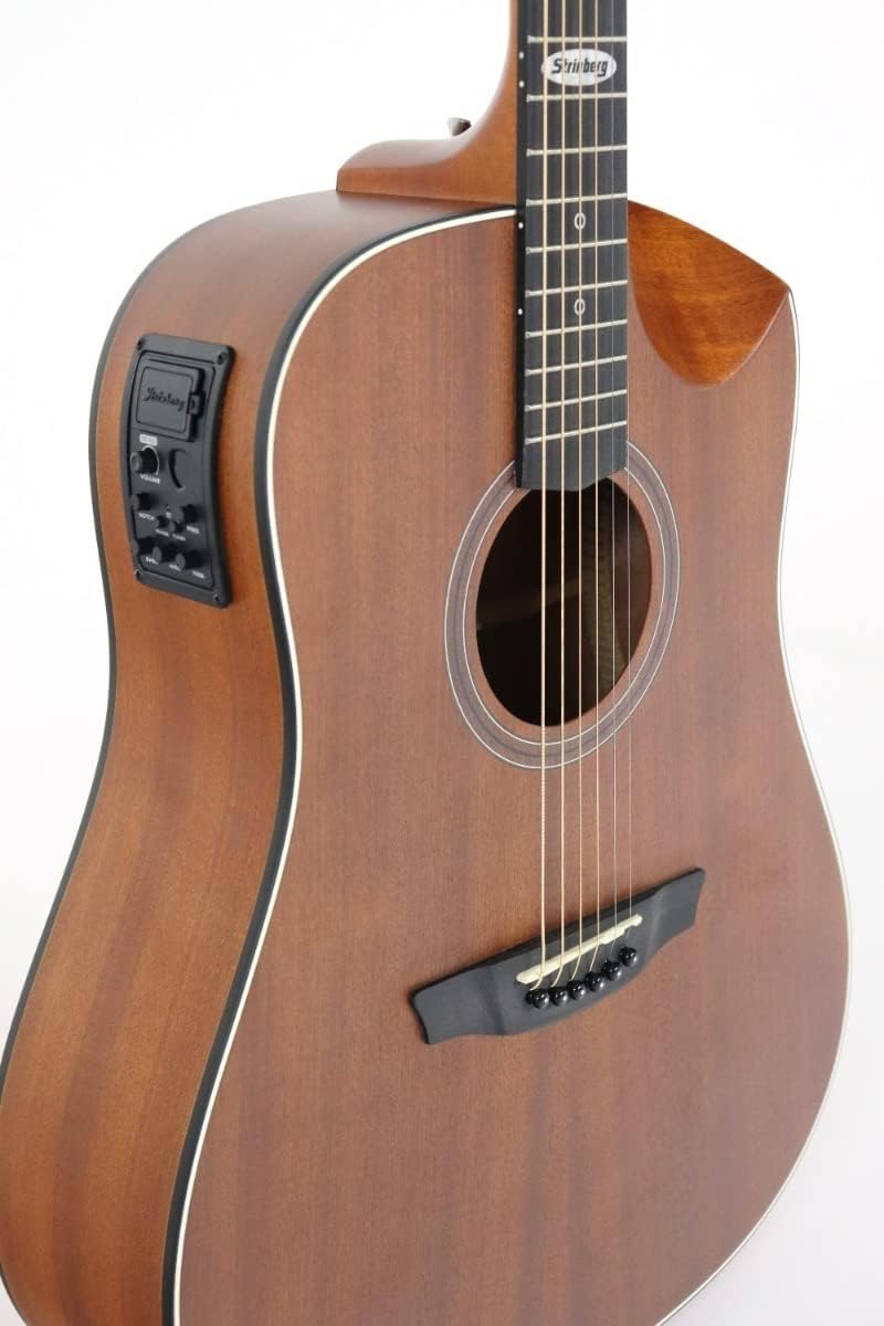 Detalhe lateral do violão Strinberg SD201HC mostrando o sistema eletrônico embutido e acabamento fosco