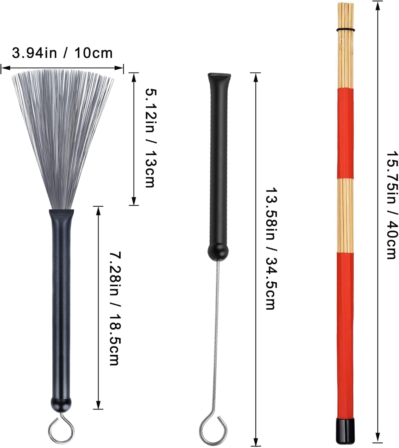Escovas retráteis para bateria mostrando medidas e detalhes do cabo e cerdas de aço