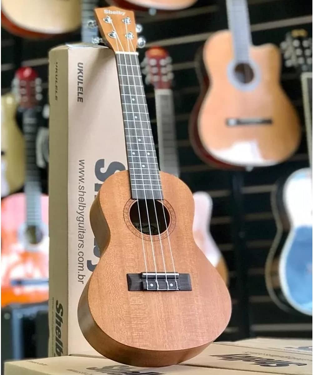 Ukulele Shelby SU23M Concerto apoiado em caixa da marca com fundo de guitarras
