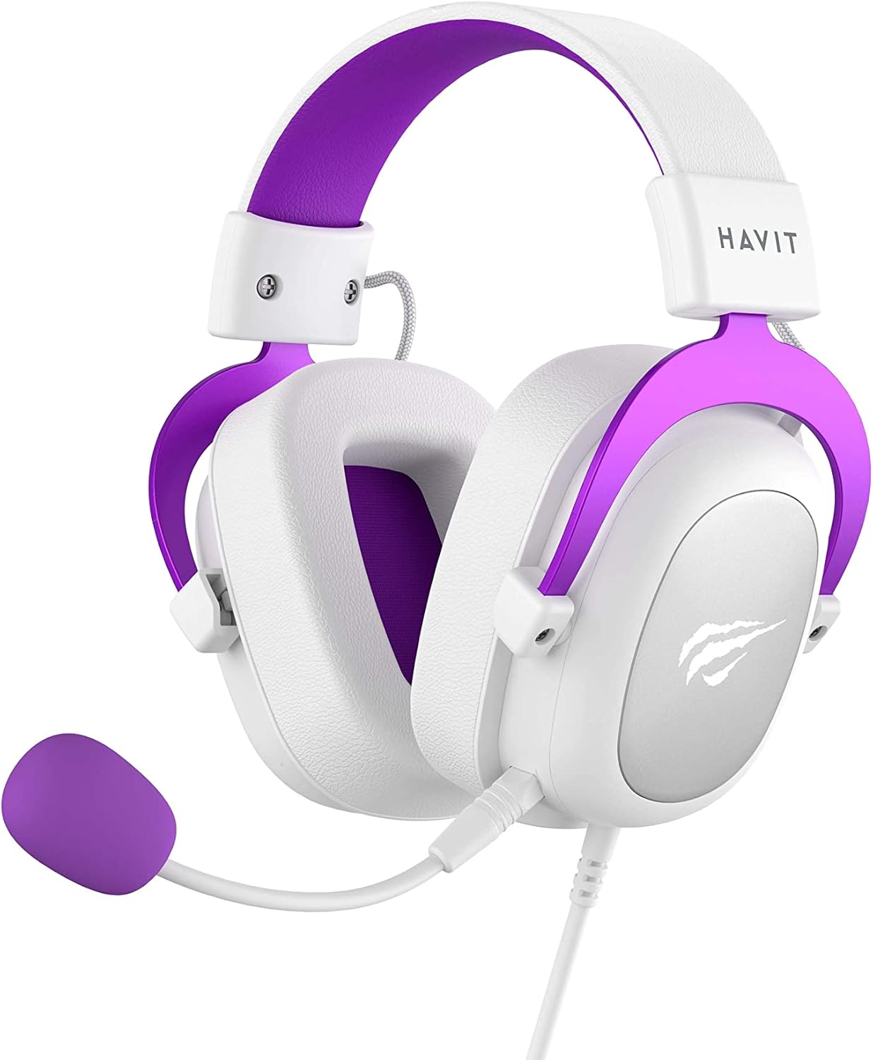 Headset gamer Havit HV-H2002d em destaque com design branco e roxo e microfone flexível