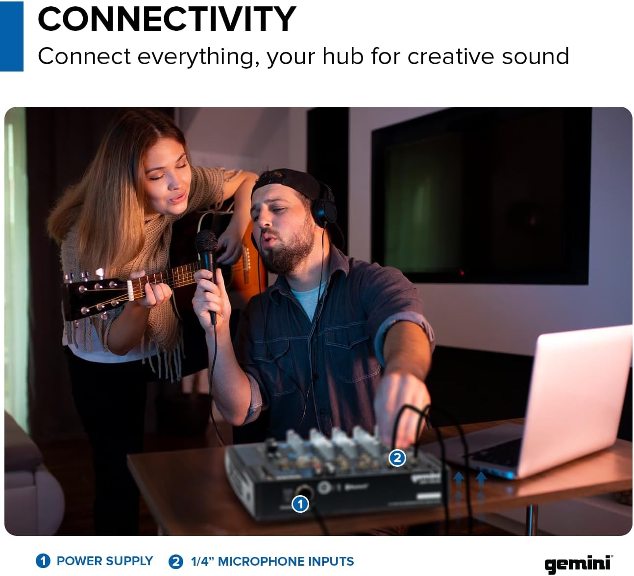 Mixer Gemini Sound GEM-08USB em uso com microfone e guitarra conectado a laptop