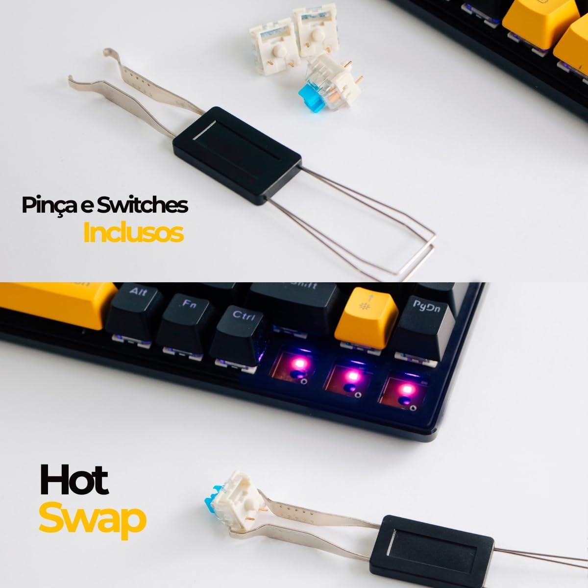 Pinça para remover teclas e switches mecânicos destacando a função Hot Swap do teclado