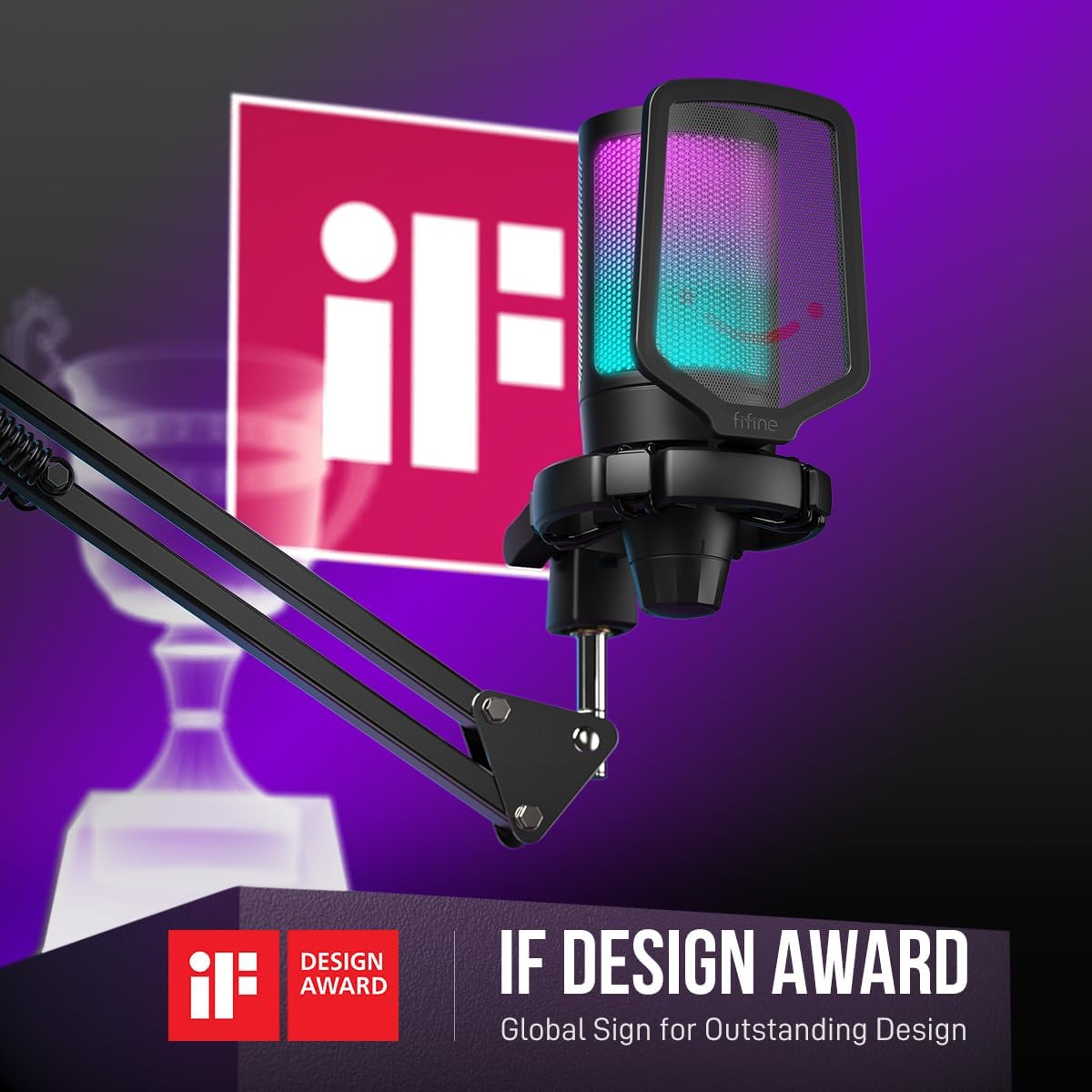 Microfone FIFINE A6T com iluminação RGB azul e roxo, filtro pop e braço articulado ajustável