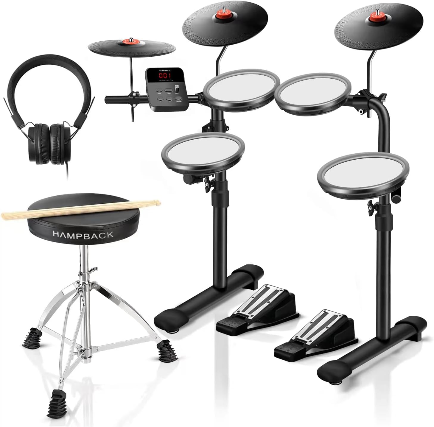 Bateria eletrônica HAMPBACK MK-0 com 4 pads de malha preta, estrutura preta com suporte metálico e fones de ouvido