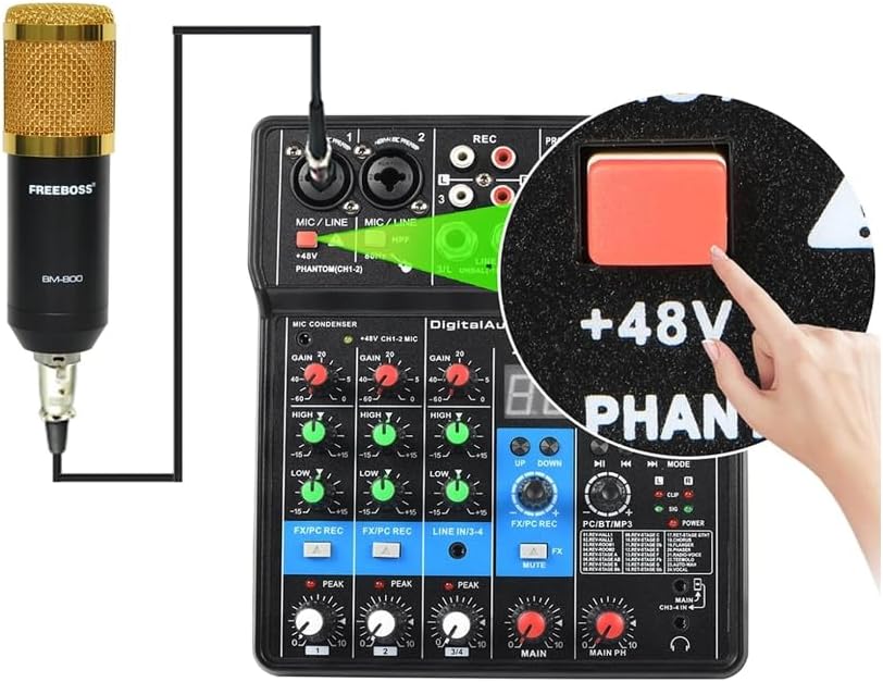 Mixer compacto TEYUN NA4 com 4 canais, microfones condensadores, controle de ganho, equalização grave, médio e agudo, efeitos digitais 24 DSP, conectores XLR para microfone, entradas line RCA, saída f