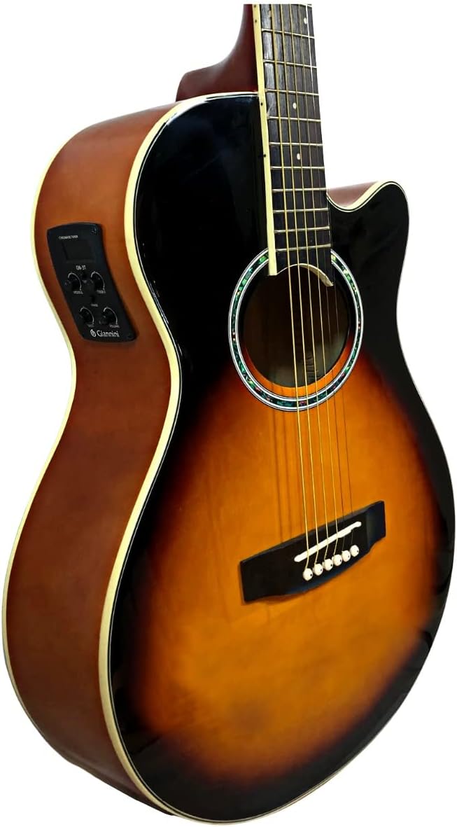 Detalhe lateral do violão Giannini GSF1D CEQ Mini-Jumbo Cutaway com captador e controles embutidos