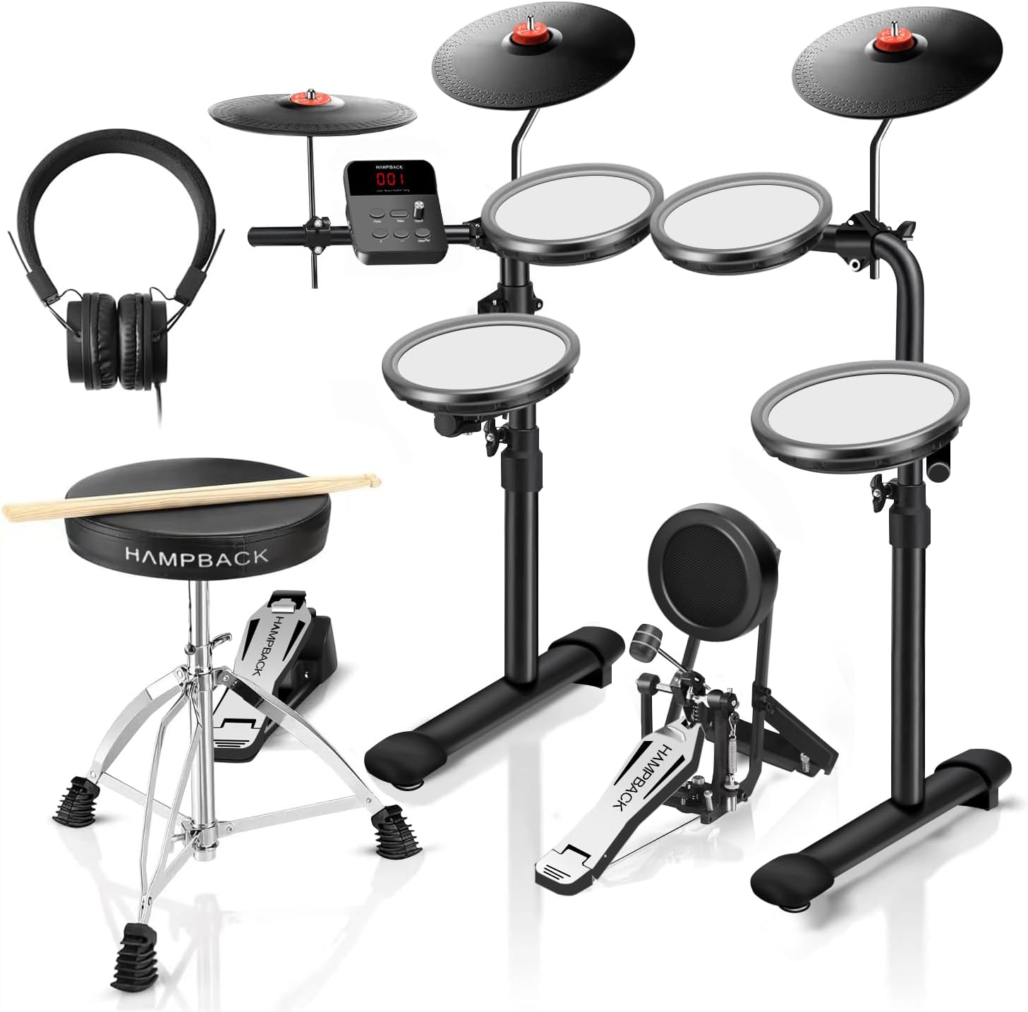Bateria eletrônica HAMPBACK MK-0 PRO com pads de malha e estrutura preta em fundo branco