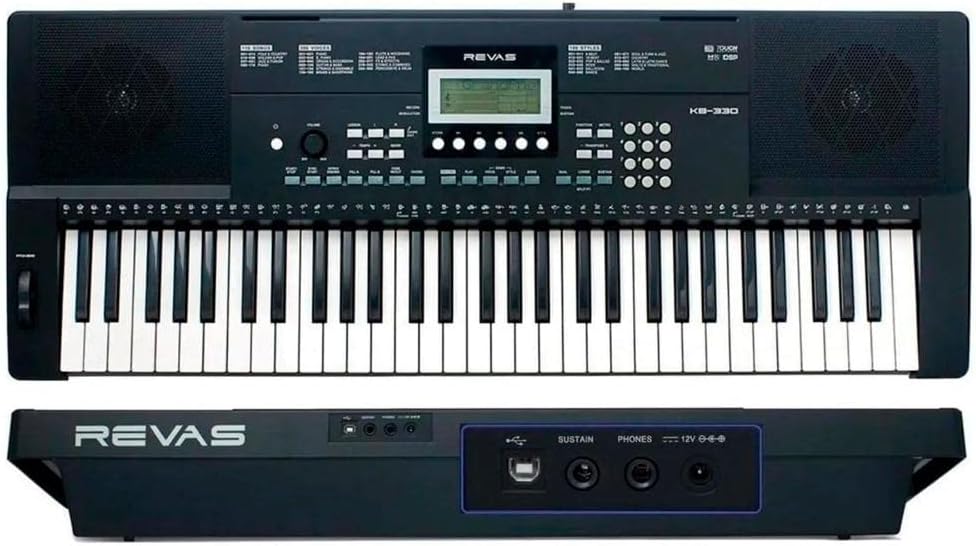 Teclado arranjador Revas KB-330 mostrando conexões e painel de controle