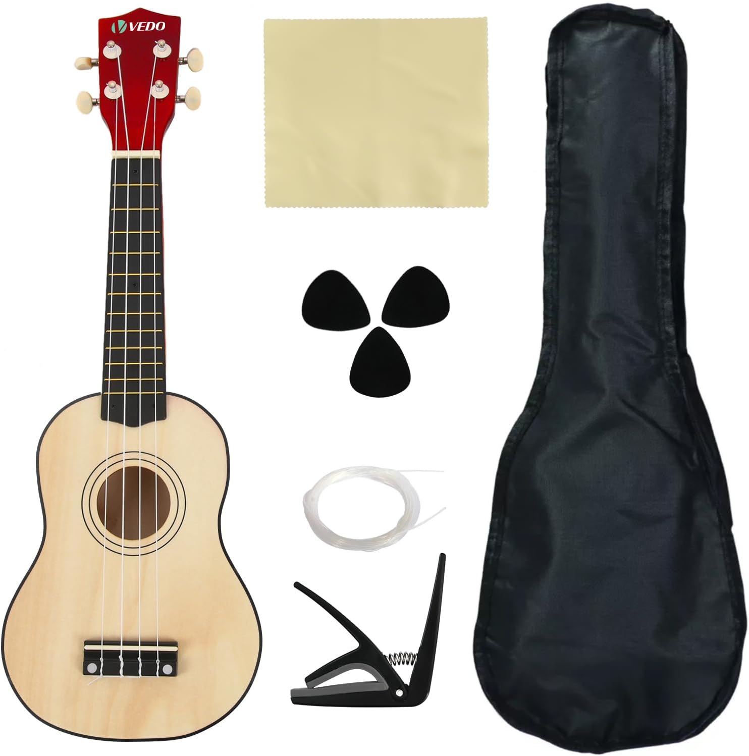 Ukulele concert VEDO UK10 com 23 polegadas, corpo em madeira clara de tília com laterais e parte traseira vermelhas. Acompanha capa preta simples, três palhetas pretas, microfibra amarela, conjunto de