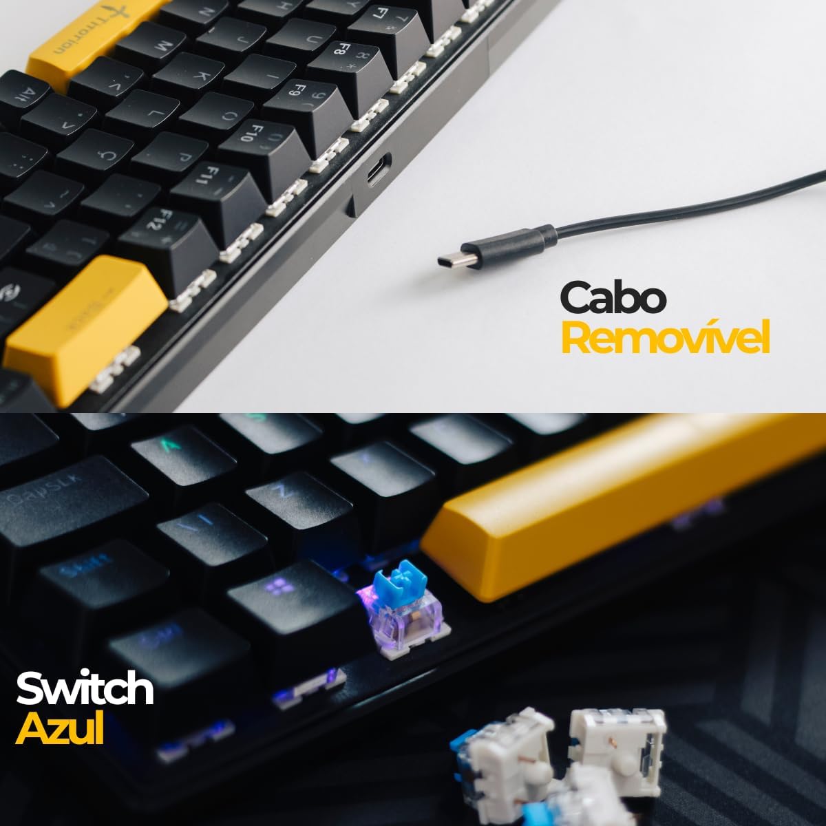 Cabo removível USB-C do teclado mecânico gamer Titorion 60% ABNT2 e switches azuis expostos