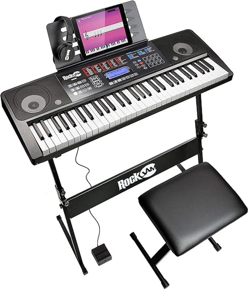 Teclado digital RockJam com 61 teclas em preto e branco com tela sensível ao toque e acessórios