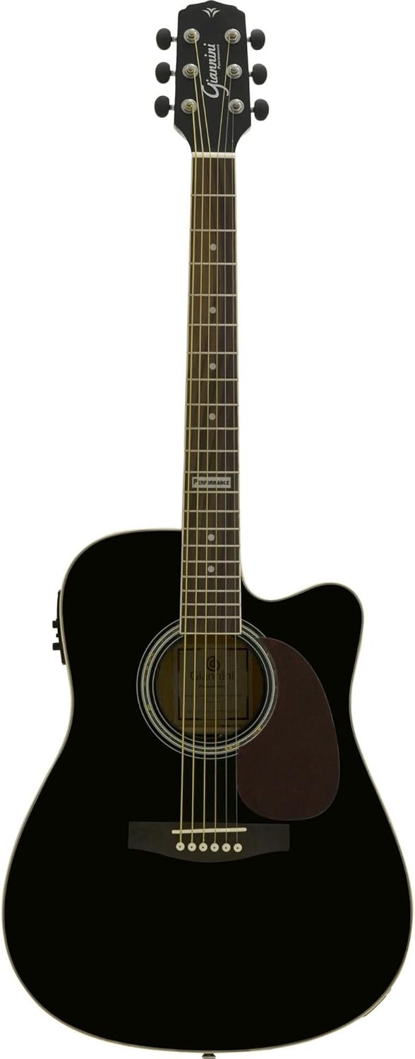 Violão folk eletroacústico preto da marca Giannini, modelo GF1D, com design cutaway facilitando o acesso às notas mais agudas