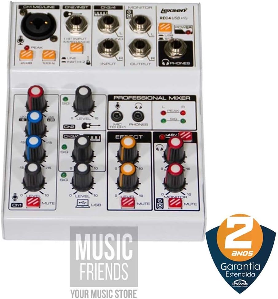 Mesa de som Lexsen REC4 USB 4 canais com Bluetooth em vista superior, entrada XLR canal 1, entradas P10 para canais 2 e 3/4, saídas monitor e fones. Controles de volume, equalização para cada canal,