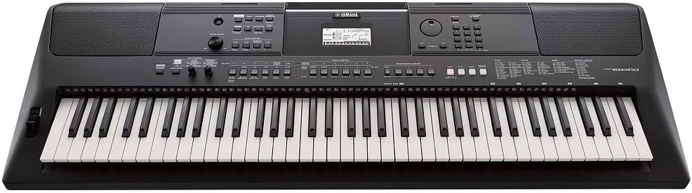 Teclado portátil Yamaha PSR-EW410 preto com 76 teclas, painel LCD e botões de controle