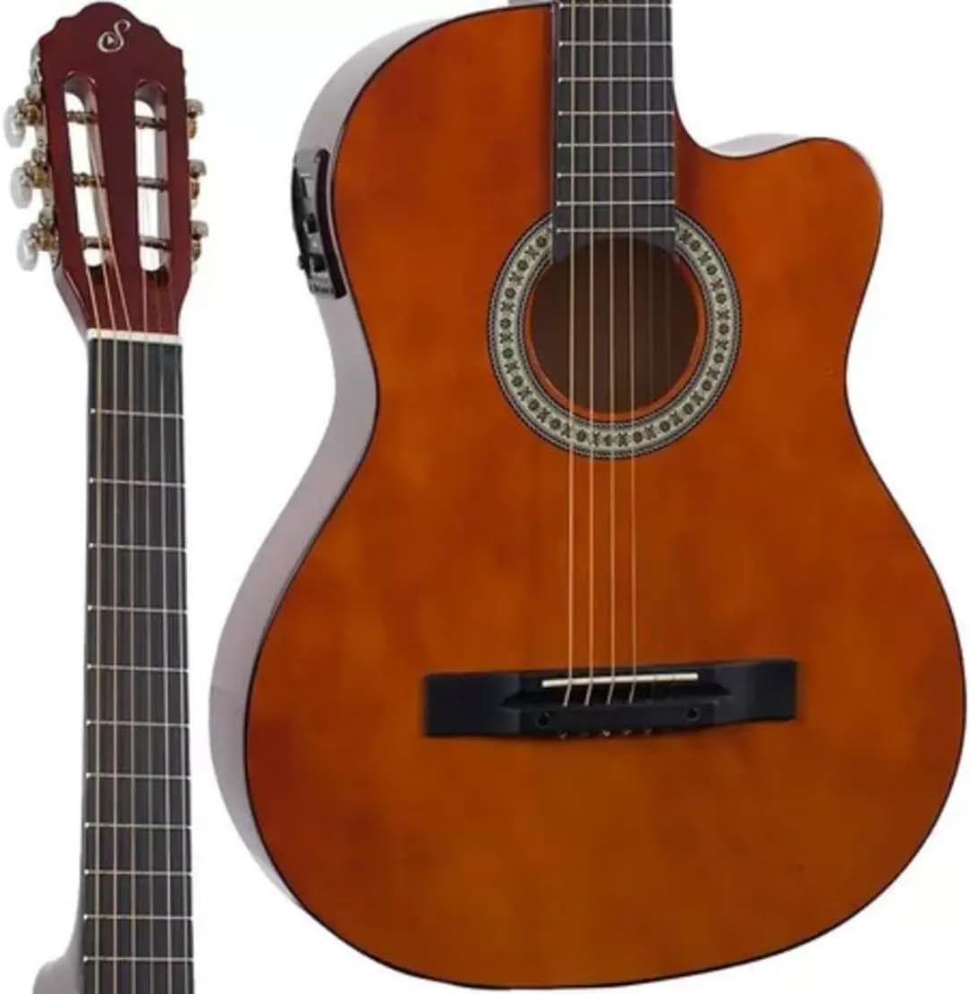 Imagem mostra violão elétrico Giannini SF14 natural acetinado, com destaque para a parte frontal e braço.