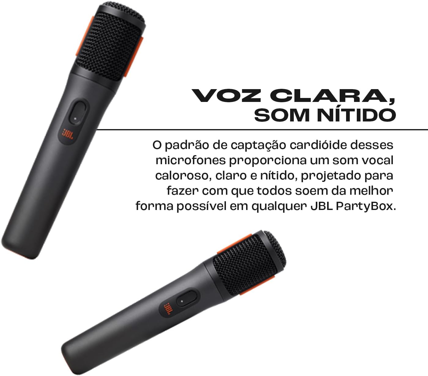 Dois microfones sem fio JBL PartyBox pretos com detalhes laranja em fundo branco com texto sobre captação cardióide