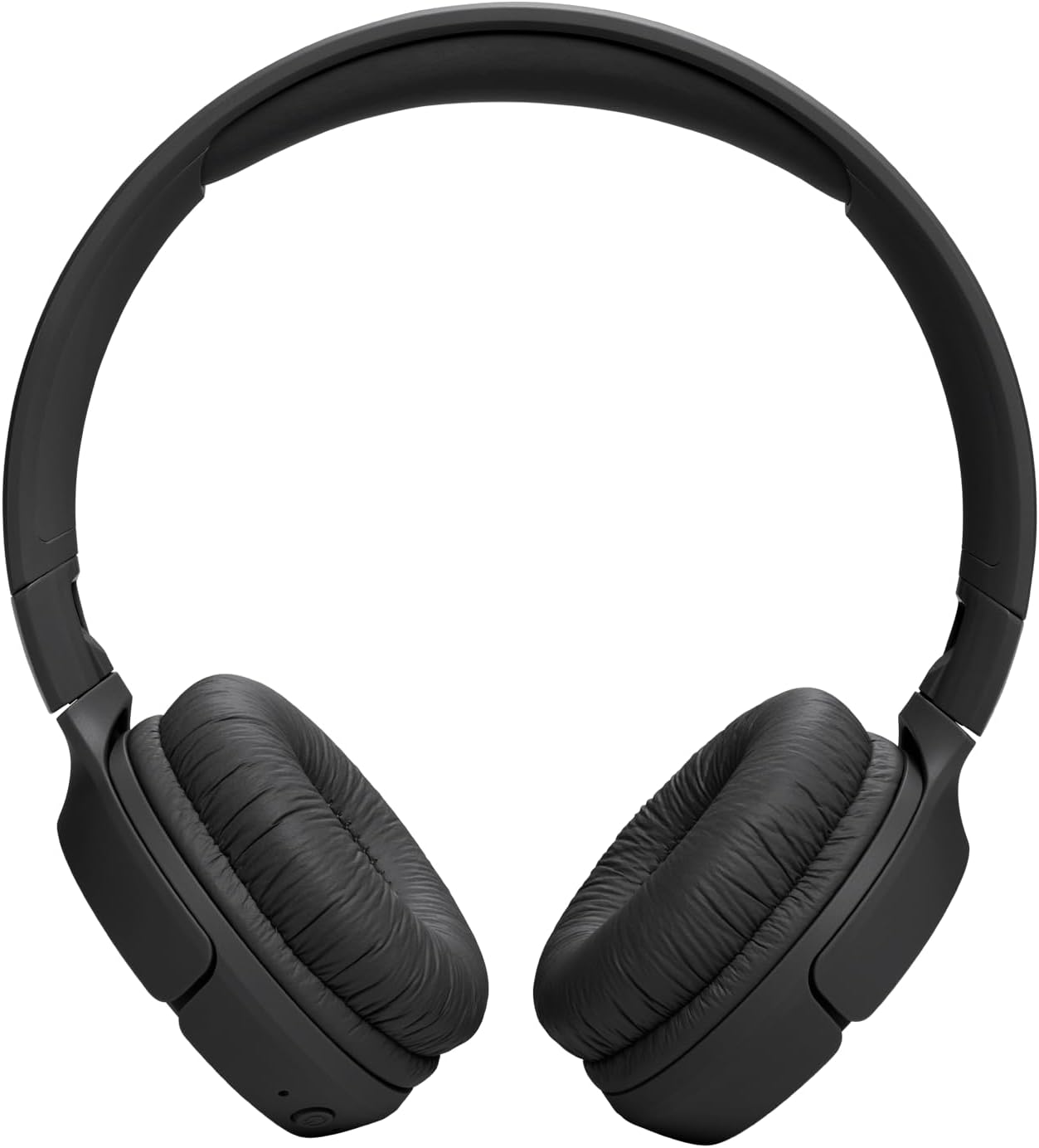 Fone de ouvido Bluetooth JBL Tune 520BT preto visto frontalmente, destacando o design dobrável com almofadas de espuma macia e faixa ajustável.