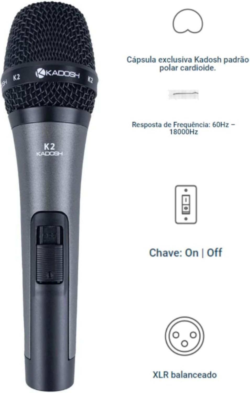 Microfone Kadosh K-2 frontal com texto explicativo ao lado, corpo metálico cinza e malha preta