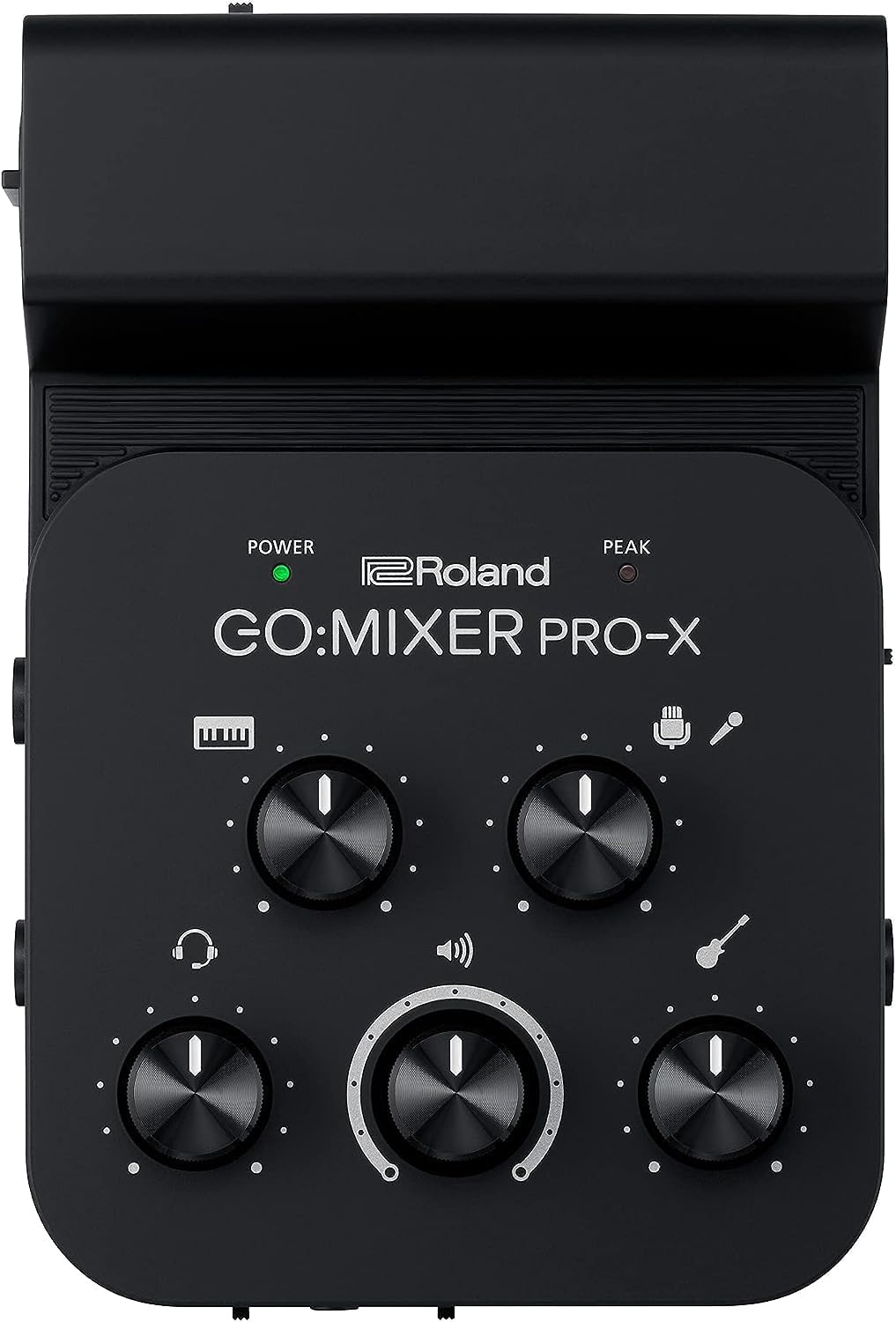 Interface de áudio portátil Roland GO:MIXER PRO-X em preto, vista superior com cinco botões giratórios para controle de volume